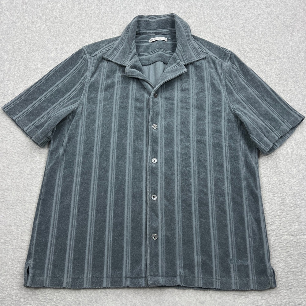 ONS Rockaway Towel Shirt Men's S Blue Striped Terry Cloth Short Sleeve Button Up